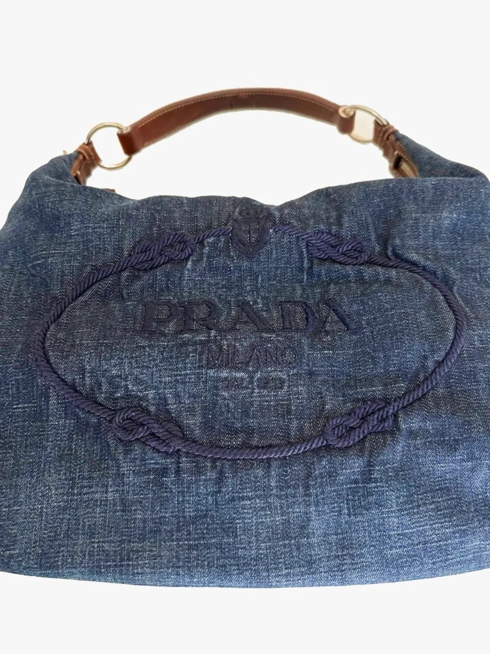 Vintage Prada Denim Hobo Bag 1990s | Embroidered Prada Milano Logo | Italy